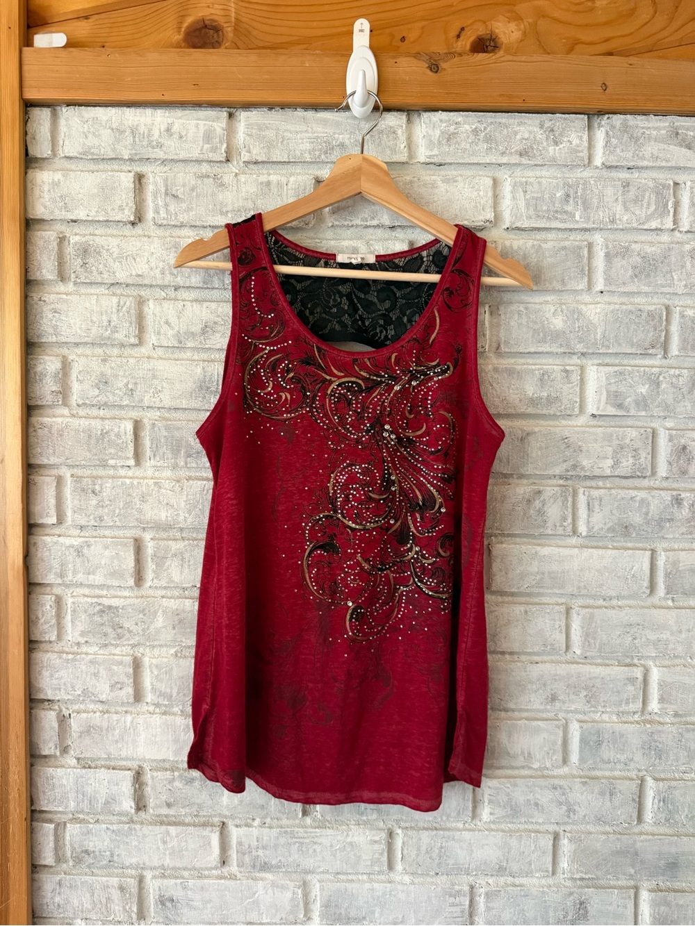 Women's Red Embellished Scoop Neck Tank Top